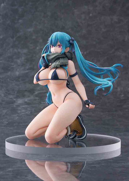 FreeStyle Original Illustration Warehouse Aoko 1/7 Scale Limited Edition Figure featuring aqua-blue twin-tails, black outfit, and scarf in a bold kneeling pose.