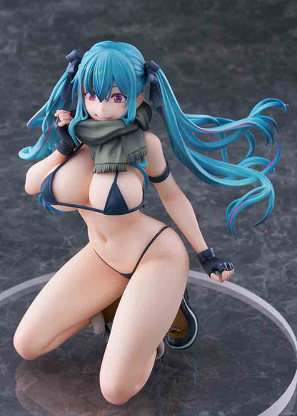 FreeStyle Original Illustration Warehouse Aoko 1/7 Scale Limited Edition Figure featuring aqua-blue twin-tails, black outfit, and scarf in a bold kneeling pose.