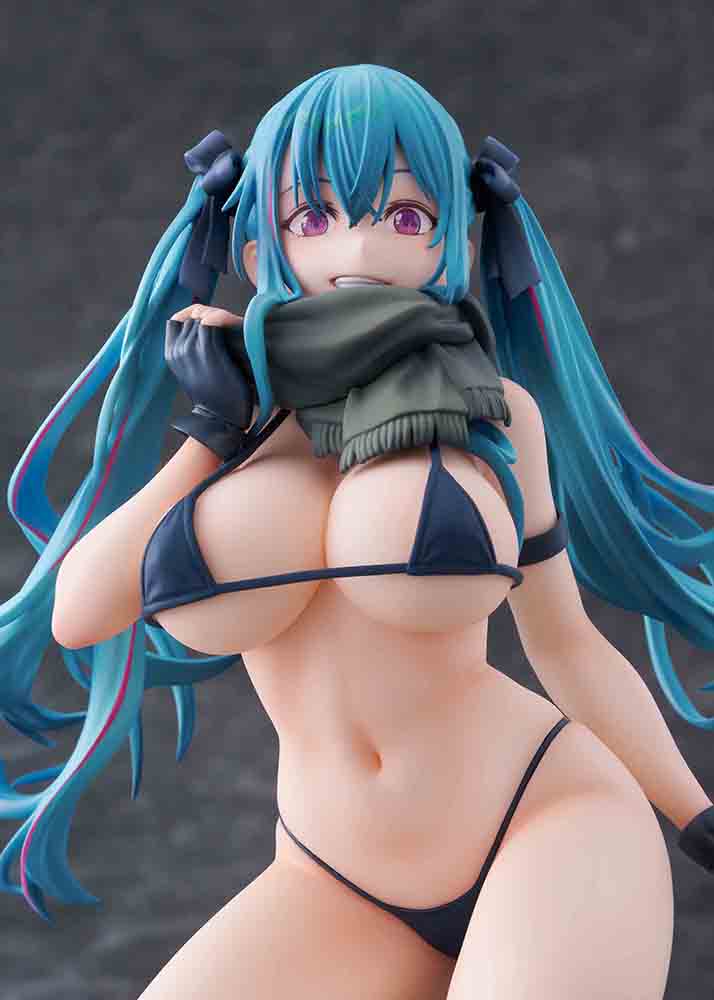 FreeStyle Original Illustration Warehouse Aoko 1/7 Scale Limited Edition Figure featuring aqua-blue twin-tails, black outfit, and scarf in a bold kneeling pose.