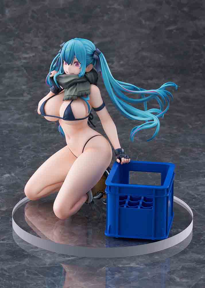 FreeStyle Original Illustration Warehouse Aoko 1/7 Scale Limited Edition Figure featuring aqua-blue twin-tails, black outfit, and scarf in a bold kneeling pose.