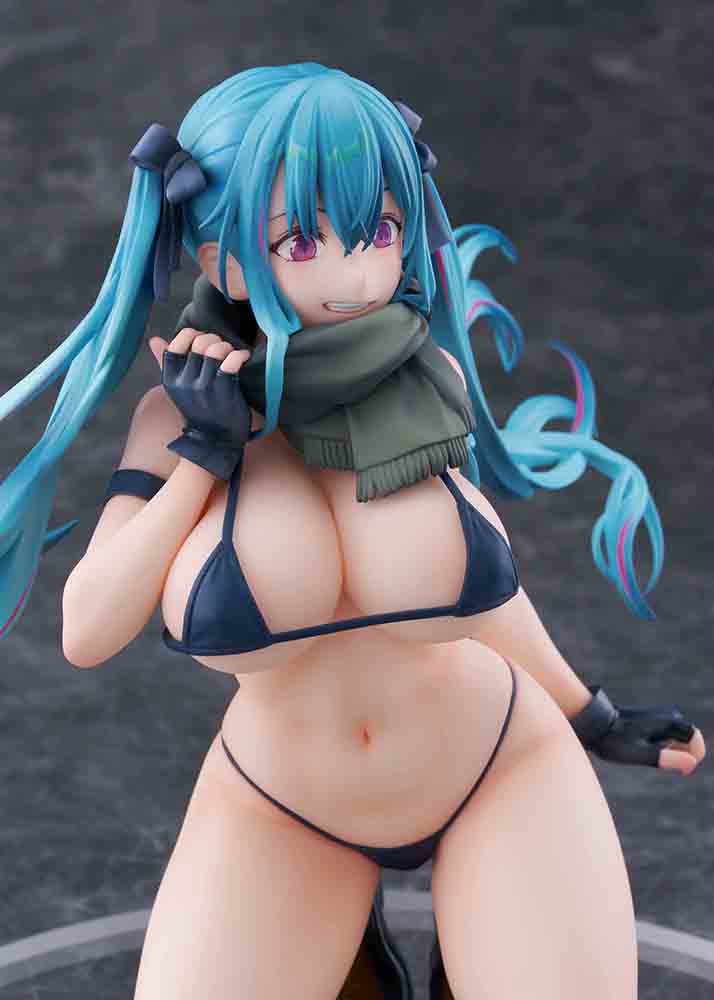 FreeStyle Original Illustration Warehouse Aoko 1/7 Scale Limited Edition Figure featuring aqua-blue twin-tails, black outfit, and scarf in a bold kneeling pose.