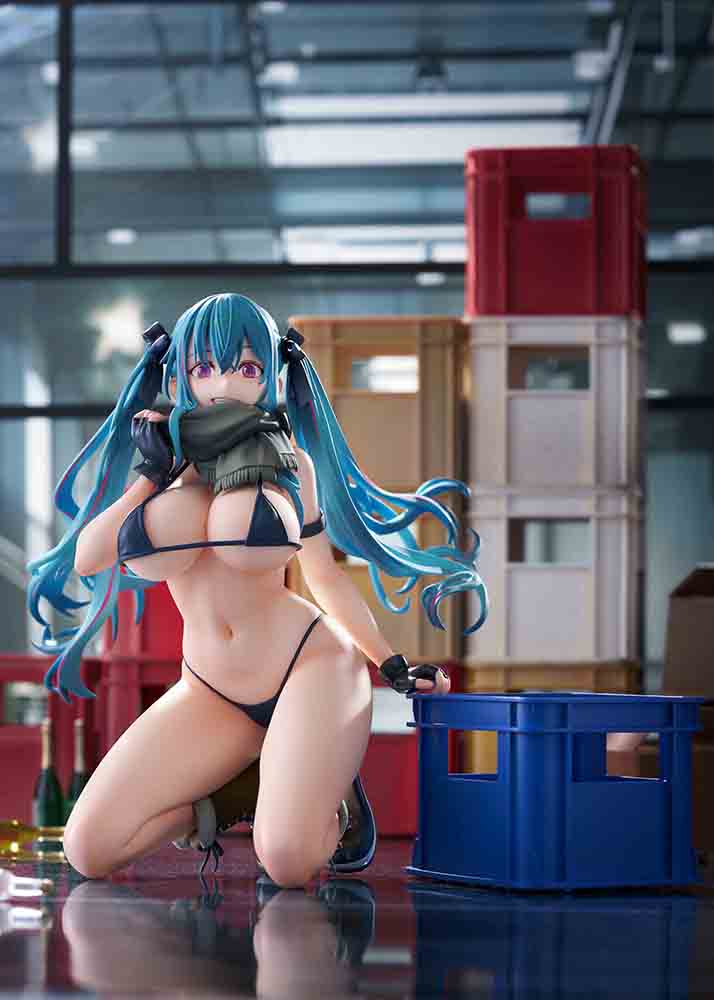 FreeStyle Original Illustration Warehouse Aoko 1/7 Scale Limited Edition Figure featuring aqua-blue twin-tails, black outfit, and scarf in a bold kneeling pose.