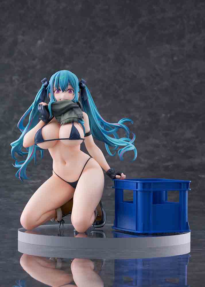 FreeStyle Original Illustration Warehouse Aoko 1/7 Scale Limited Edition Figure featuring aqua-blue twin-tails, black outfit, and scarf in a bold kneeling pose.