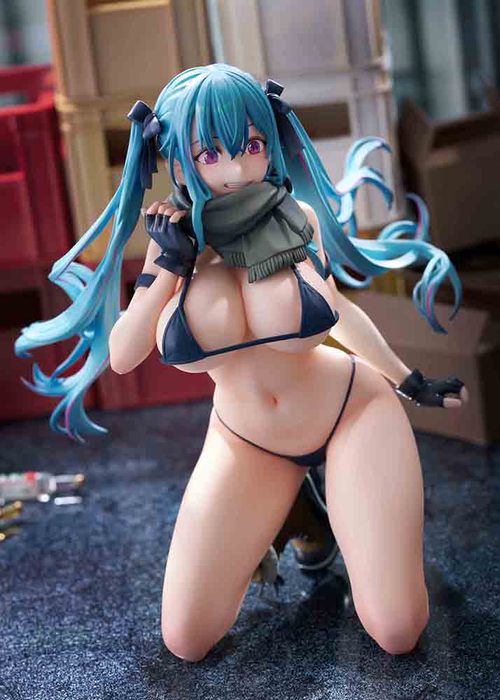 FreeStyle Original Illustration Warehouse Aoko 1/7 Scale Limited Edition Figure featuring aqua-blue twin-tails, black outfit, and scarf in a bold kneeling pose.