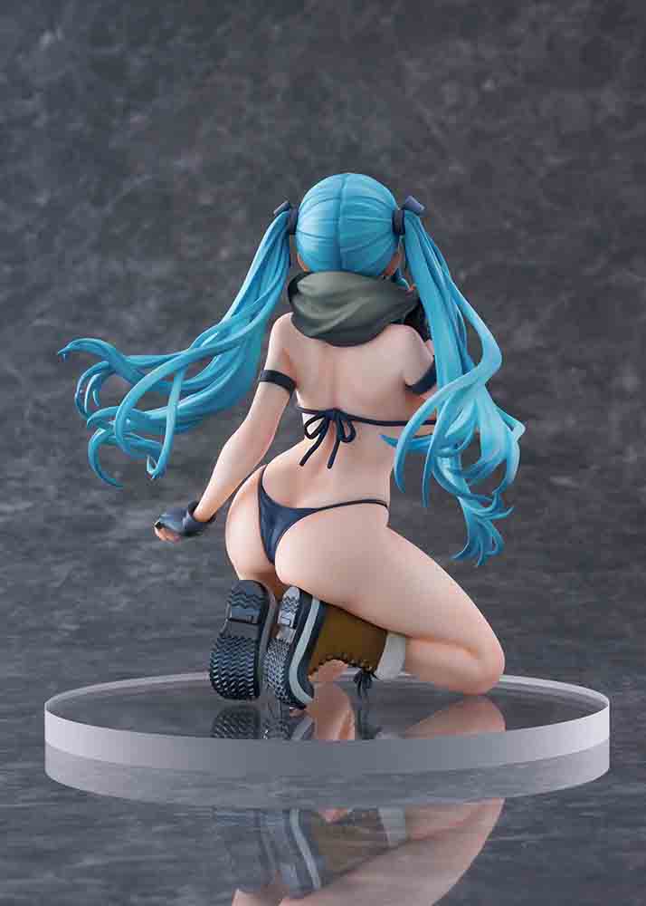 FreeStyle Original Illustration Warehouse Aoko 1/7 Scale Figure featuring aqua-blue twin-tails, black outfit, and scarf in a dynamic kneeling pose.