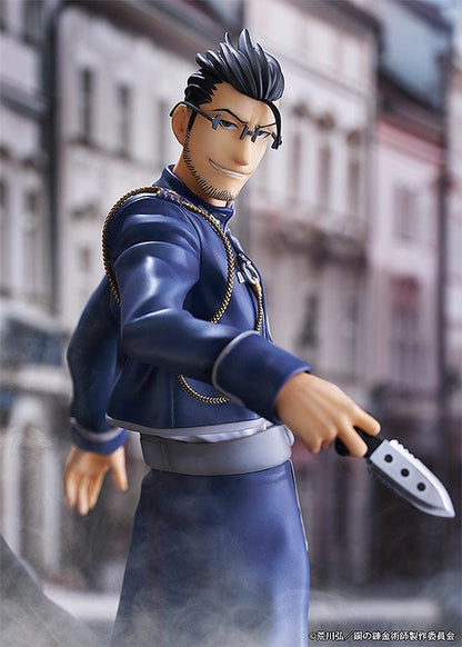 Fullmetal Alchemist figures of Roy Mustang with fiery alchemy effects and Maes Hughes with a knife, both in detailed blue military uniforms, symbolizing their friendship and strength.