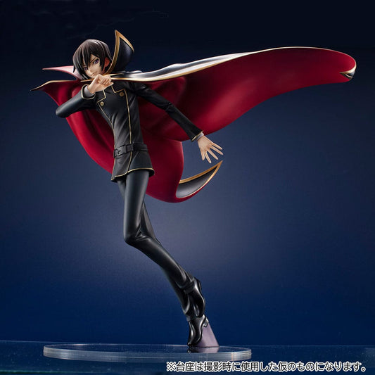 Code Geass: Lelouch of the Rebellion G.E.M. Series Lelouch Lamperouge (15th Anniversary Ver.) figure in a dynamic pose with a flowing red-lined cape and black outfit.
