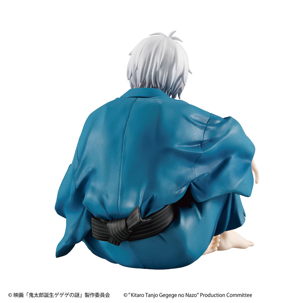 "Birth of Kitaro: The Mystery of GeGeGe G.E.M. Series Kitaro's Dad (Tenohira) - Detailed anime figure of Kitaro's Dad in a traditional blue kimono with white hair and wide eyes, seated in a dynamic pose."
