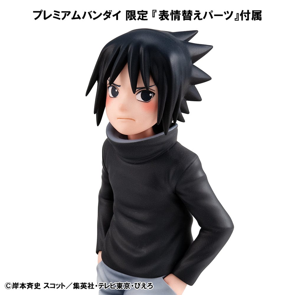 Naruto G.E.M. Series Sasuke Uchiha GO! Figure, featuring Sasuke in a mid-stride pose on a scenic Hidden Leaf Village base, showcasing detailed design and youthful charm.