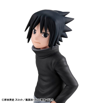 Naruto G.E.M. Series Sasuke Uchiha GO! Figure, featuring Sasuke in a mid-stride pose on a scenic Hidden Leaf Village base, showcasing detailed design and youthful charm.