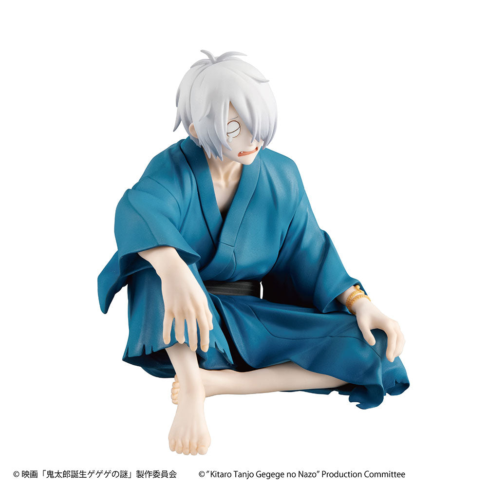 "Birth of Kitaro: The Mystery of GeGeGe G.E.M. Series Kitaro's Dad (Tenohira) - Detailed anime figure of Kitaro's Dad in a traditional blue kimono with white hair and wide eyes, seated in a dynamic pose."