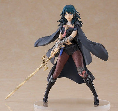 Fire Emblem: Three Houses Pop Up Parade Byleth (Female) figure in a battle-ready pose with the Sword of the Creator, wearing her detailed costume and flowing cape.