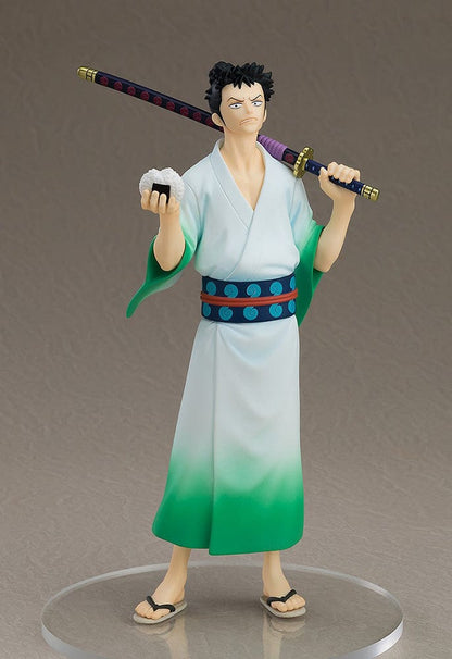 Monsters: 103 Mercies Dragon Damnation Pop Up Parade Ryuma Figure featuring the character in a green and white kimono holding a katana and rice ball, posed confidently.