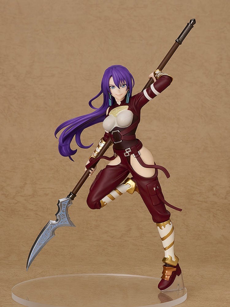 Shangri-La Frontier Pop Up Parade Arthur Pencilgon Figure in a dynamic pose wielding a spear, with crimson and gold outfit and flowing purple hair.