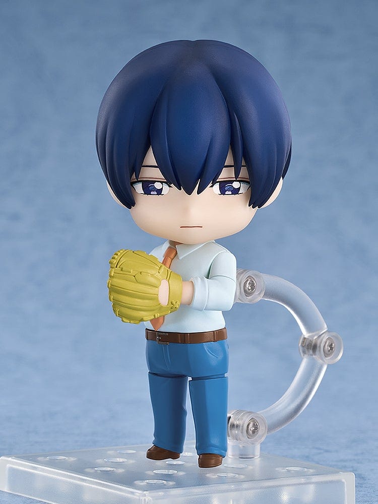 Oblivion Battery Nendoroid No.2644 Haruka Kiyomine figure in a light blue shirt, orange tie, and blue pants, holding a baseball glove.