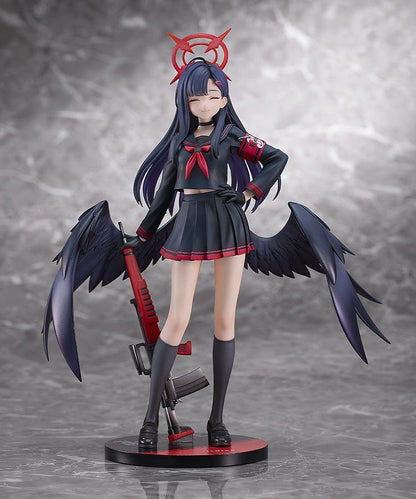 Blue Archive Ichika 1/7 scale figure in a dark school uniform with black wings, holding a red weapon and wearing a symbolic red halo-like accessory, with a calm, closed-eyed expression.