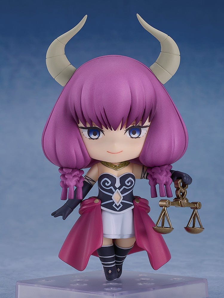 Frieren: Beyond Journey's End Nendoroid No.2683 Aura the Guillotine featuring magenta hair, horns, a red cape, and scales of judgment accessory.