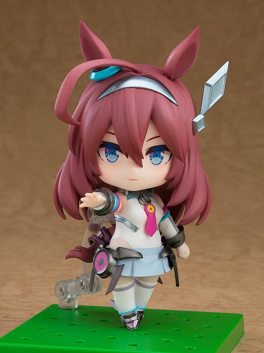 Mihono Bourbon Nendoroid No.2665 from Uma Musume: Pretty Derby in her racing outfit, featuring posable joints and interchangeable expressions.