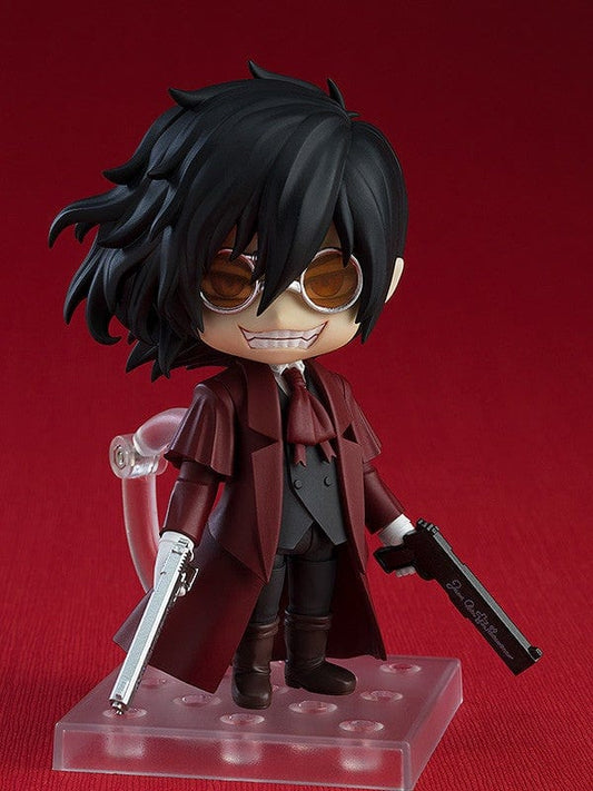 Hellsing Nendoroid No.2149 Alucard Reissue featuring Alucard in a crimson coat, hat, tinted glasses, and dual pistols with a fierce expression.