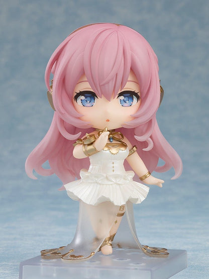 Vocaloid Nendoroid No.2646 Megurine Luka (2024 Symphony Ver.) in elegant white and gold symphonic outfit with flowing pink hair and serene pose