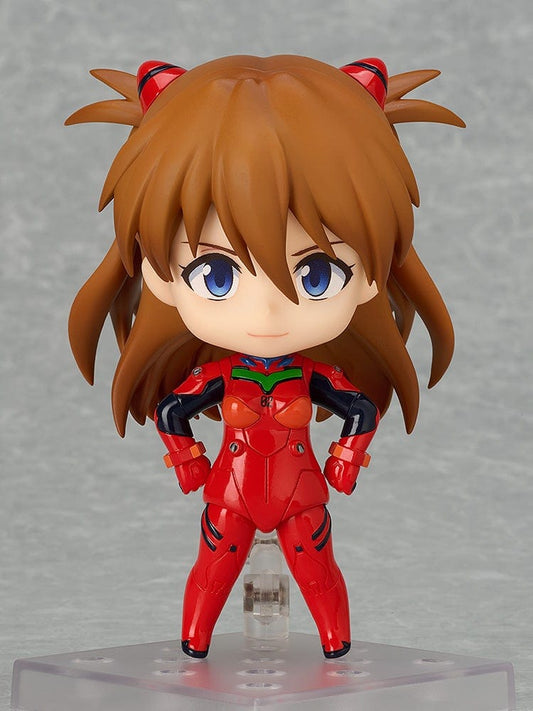 Neon Genesis Evangelion Nendoroid No.2677 Asuka Shikinami Langley Plugsuit Ver. 2 featuring a vibrant red plugsuit, dynamic pose, and detailed sculpting.