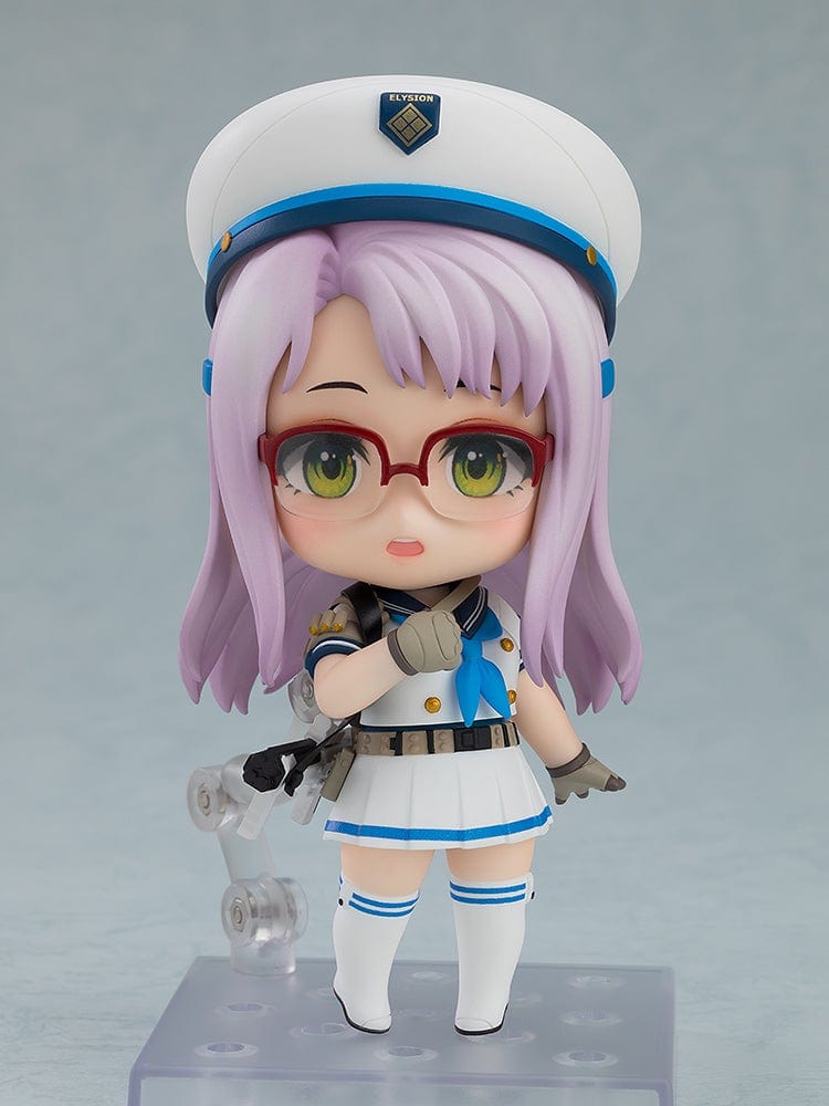 Goddess of Victory: Nikke Nendoroid No.2671 Neon in her naval-inspired uniform, complete with lavender hair, red glasses, and expressive green eyes.