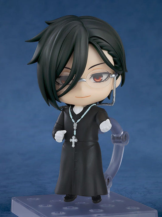 Black Butler Nendoroid No.2670 Sebastian Michaelis (Sapphire Owl Ver.) figure featuring detailed priest-inspired attire, a rosary necklace, and glasses, posed against a blue background.