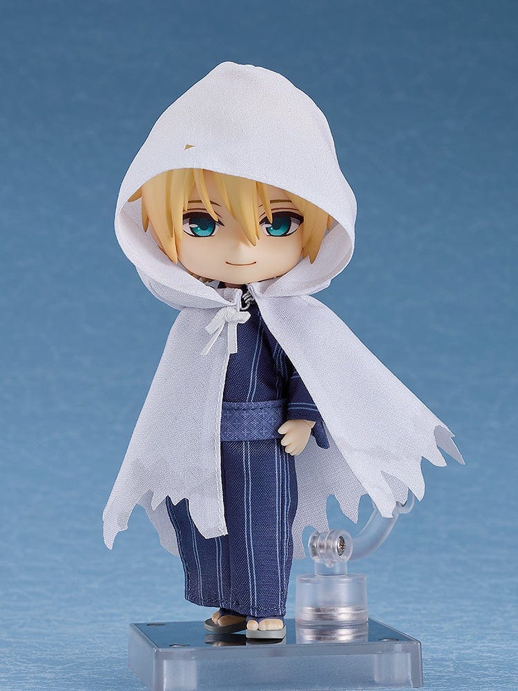 Touken Ranbu ONLINE Nendoroid Doll Yamanbagiri Kunihiro: Casual Outfit Ver. figure featuring a traditional blue yukata and white hooded cape, posed against a blue background.