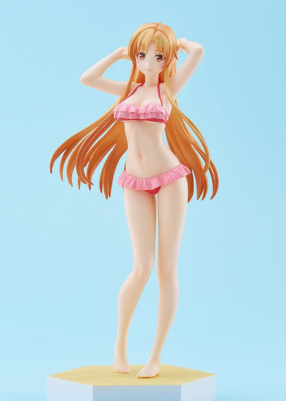 Sword Art Online Progressive: Scherzo of Deep Night Pop Up Parade Beach Queens Asuna Figure featuring Asuna in a pink ruffled bikini with flowing hair on a sandy base.