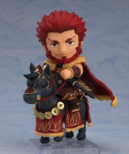 Fate/Grand Order Nendoroid No.2666-DX Rider/Iskandar figure in a heroic pose on his horse, showcasing his crimson cape and detailed armor.