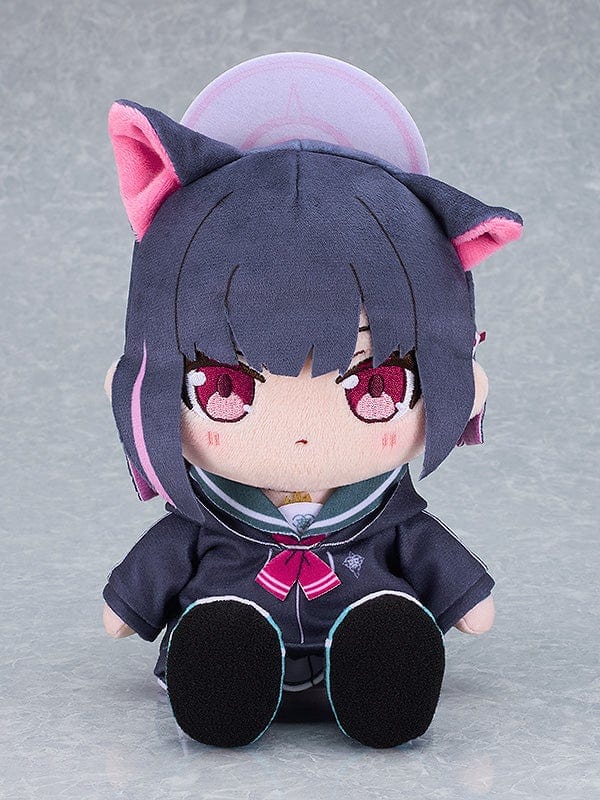 Blue Archive Kazusa Plushie featuring navy-blue hair, pink cat ears, and a school uniform in a sitting position.