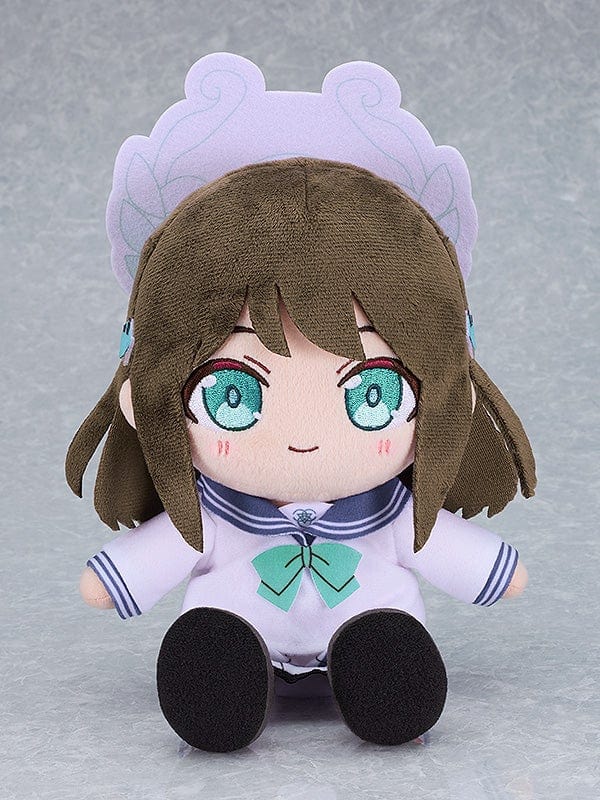 Blue Archive Airi Plushie featuring brown hair, teal eyes, a school uniform, and a decorative headpiece in a sitting position.