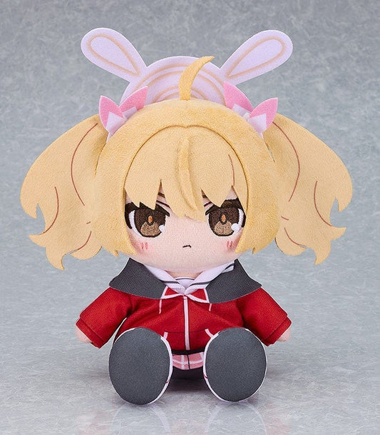 Blue Archive Yoshimi Plushie featuring blonde twin tails, a red school uniform, brown eyes, and a bunny-themed headband in a sitting position.