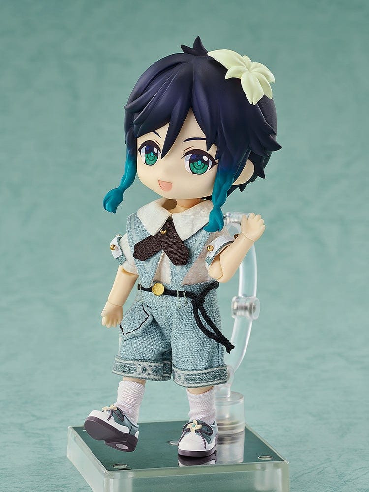 Genshin Impact Nendoroid Doll Venti (Blue Ballad Ver.) featuring a denim-style outfit, teal braids, and a floral hair accessory in a playful pose.