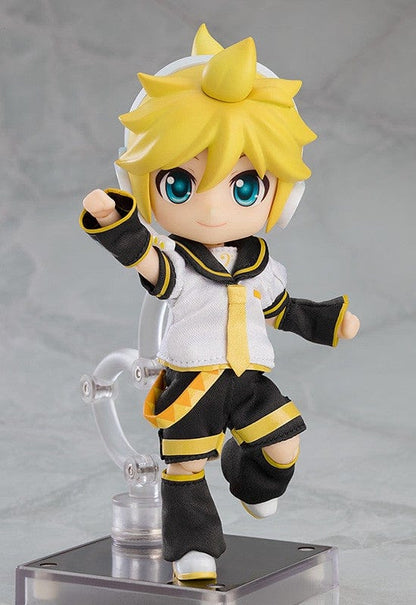 Vocaloid Nendoroid Doll Kagamine Len (Reissue) featuring a posable body, white and yellow outfit, cheerful expression, and dynamic pose.