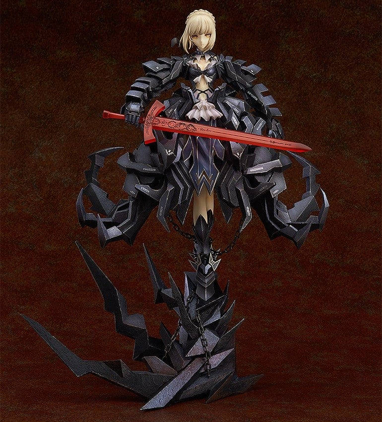 Fate/stay Night x huke Saber Alter Collaboration Package Ver. 1/7 Scale Figure featuring black jagged armor, crimson sword, and intricate dark base design.