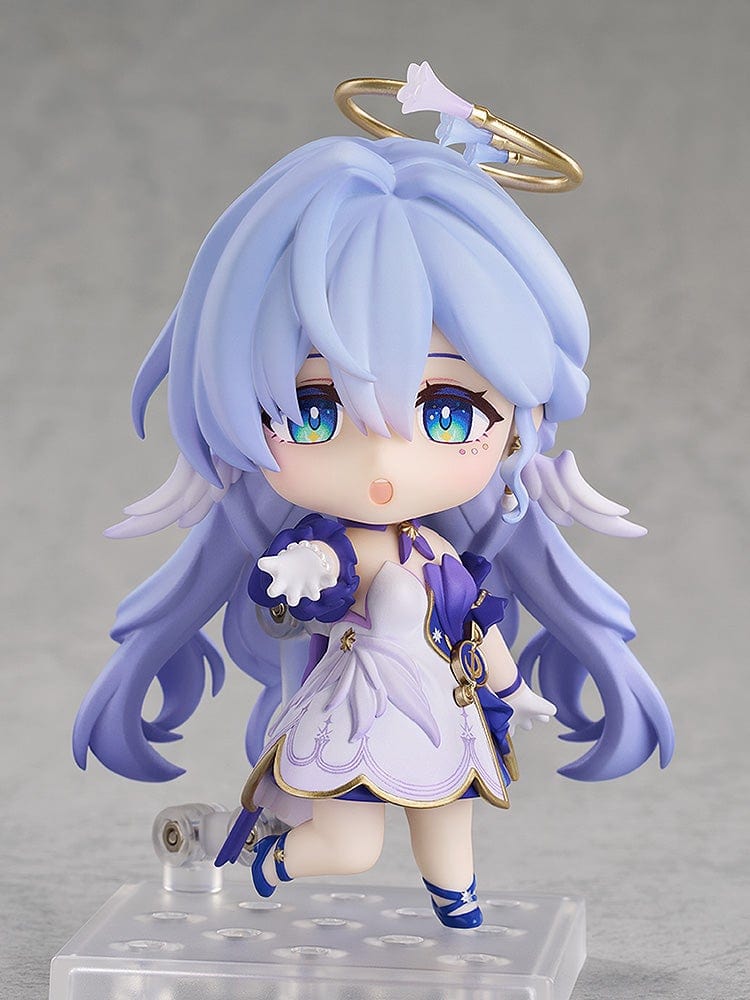 Honkai: Star Rail Nendoroid No.2694 Robin figure with sky-blue hair, a white and purple outfit, gold accents, and a halo accessory.