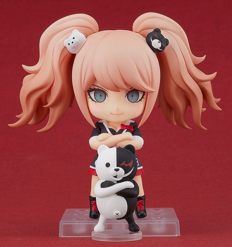 Danganronpa 1.2 Reload Nendoroid No.1398 Junko Enoshima (Reissue) with Monokuma, twin-tail hairstyle, and detailed school uniform on a red background.