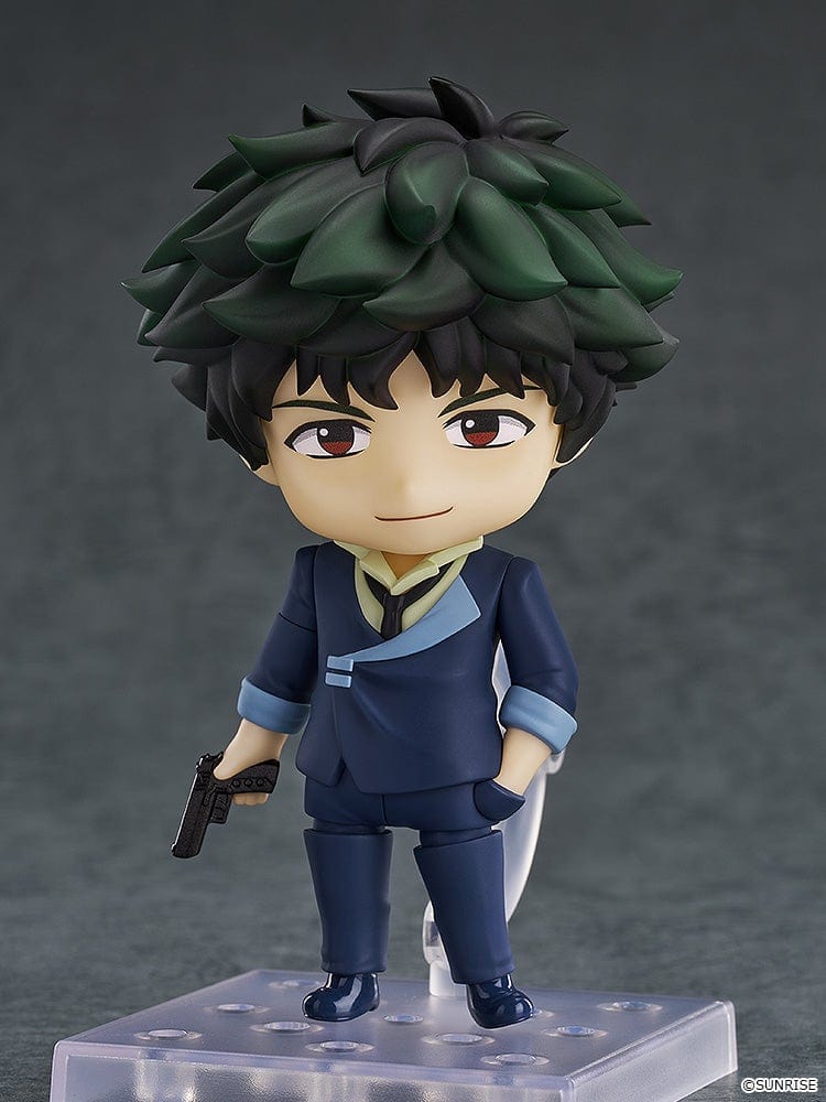 Cowboy Bebop Nendoroid No.2651 Spike Spiegel in his navy suit, holding his pistol, with green tousled hair and red eyes.