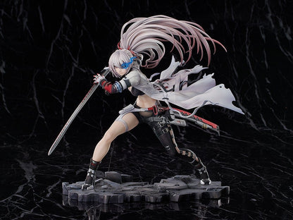 Punishing: Gray Raven Lucia: Crimson Weave 1/7 Scale Figure in dynamic battle pose, with flowing white coat, katana, and detailed battlefield base.