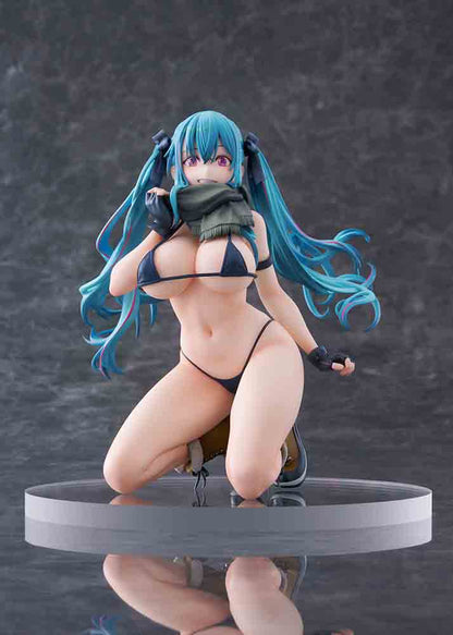 FreeStyle Original Illustration Warehouse Aoko 1/7 Scale Figure featuring aqua-blue twin-tails, black outfit, and scarf in a dynamic kneeling pose.