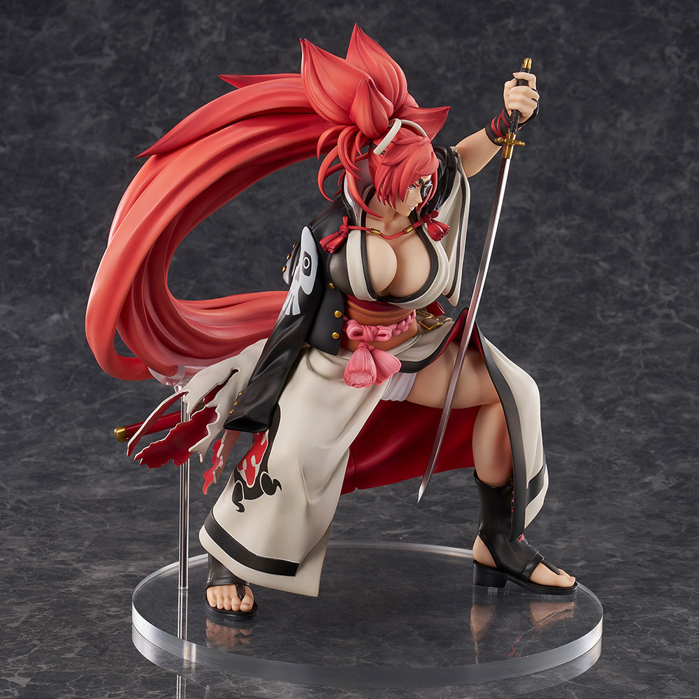 Guilty Gear Strive Baiken Figure featuring dynamic pose, flowing red hair, traditional samurai attire, and intricate katana, perfect for fans and collectors.
