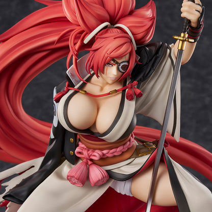 Guilty Gear Strive Baiken Figure featuring dynamic pose, flowing red hair, traditional samurai attire, and intricate katana, perfect for fans and collectors.