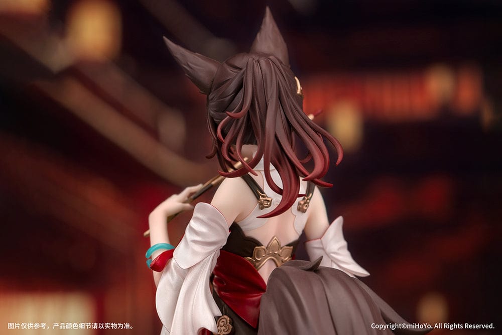 A 1/10 scale figure of Tingyun from 'Honkai: Star Rail,' posed with a flute across her mouth, embodying a stance of readiness. Her attire is a blend of traditional and combat elements, featuring a black bodice, red sash, and a flowing white and red cloak, with detailed gold trim and accents. Her fox ears peek out from her flowing dark hair, adorned with a golden hairpiece, completing a look that is both battle-ready and elegantly ancient.