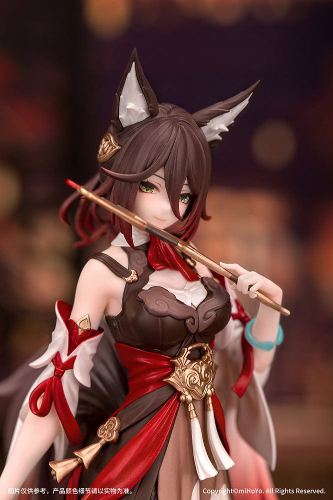A 1/10 scale figure of Tingyun from 'Honkai: Star Rail,' posed with a flute across her mouth, embodying a stance of readiness. Her attire is a blend of traditional and combat elements, featuring a black bodice, red sash, and a flowing white and red cloak, with detailed gold trim and accents. Her fox ears peek out from her flowing dark hair, adorned with a golden hairpiece, completing a look that is both battle-ready and elegantly ancient.