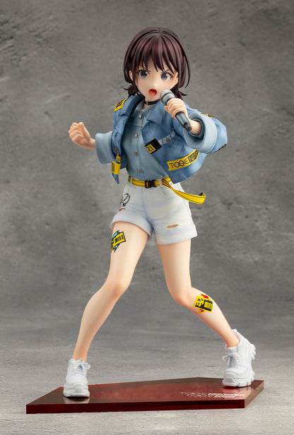 Girls Band Cry Nina Iseri 1/7 Scale Figure featuring Nina in a powerful singing pose, dressed in a stylish denim jacket and shorts with vibrant yellow accents, holding a microphone.