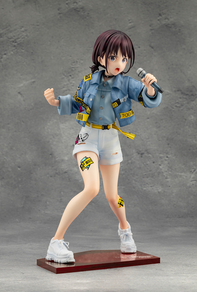 Girls Band Cry Nina Iseri 1/7 Scale Figure featuring Nina in a powerful singing pose, dressed in a stylish denim jacket and shorts with vibrant yellow accents, holding a microphone.