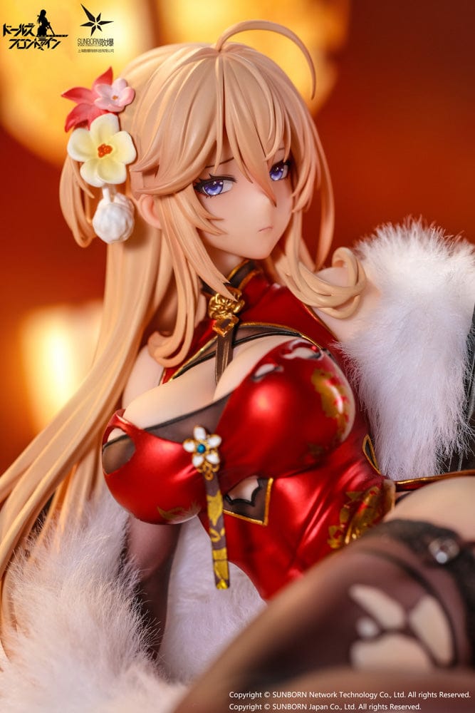 Girls' Frontline DP28 Coiled Morning Glory Heavy Damage Ver. 1/7 Scale Figure, with character in a red dress and combat gear, seated with her signature weapon, exuding a serene yet resilient aura.