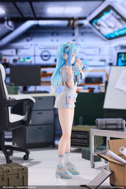 1/7 scale figure of Shifty from GODDESS OF VICTORY: NIKKE, poised in her white and blue combat uniform, with vibrant blue hair and headphones, exuding confidence and readiness for battle.