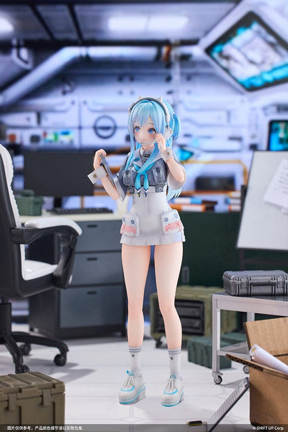 1/7 scale figure of Shifty from GODDESS OF VICTORY: NIKKE, poised in her white and blue combat uniform, with vibrant blue hair and headphones, exuding confidence and readiness for battle.